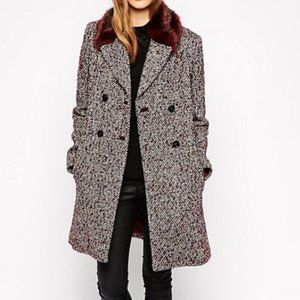 French Connection Burgundy Tweed Pea Coat with Faux Fur Collar